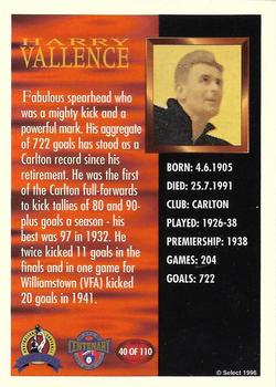 1996 Select AFL Hall of Fame #40 Harry Vallence Back